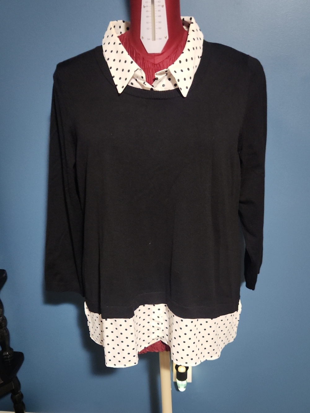 Adrianna Papell Black Top with White Polka Dot Faux Layered Hem & Collar